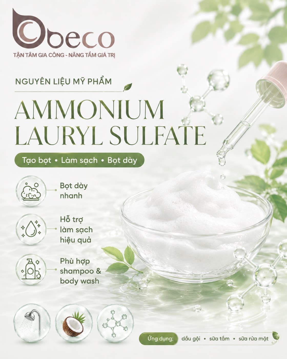 Nguyên liệu Ammonium Lauryl Sulfate trong danh mục nguyên liệu của BECO