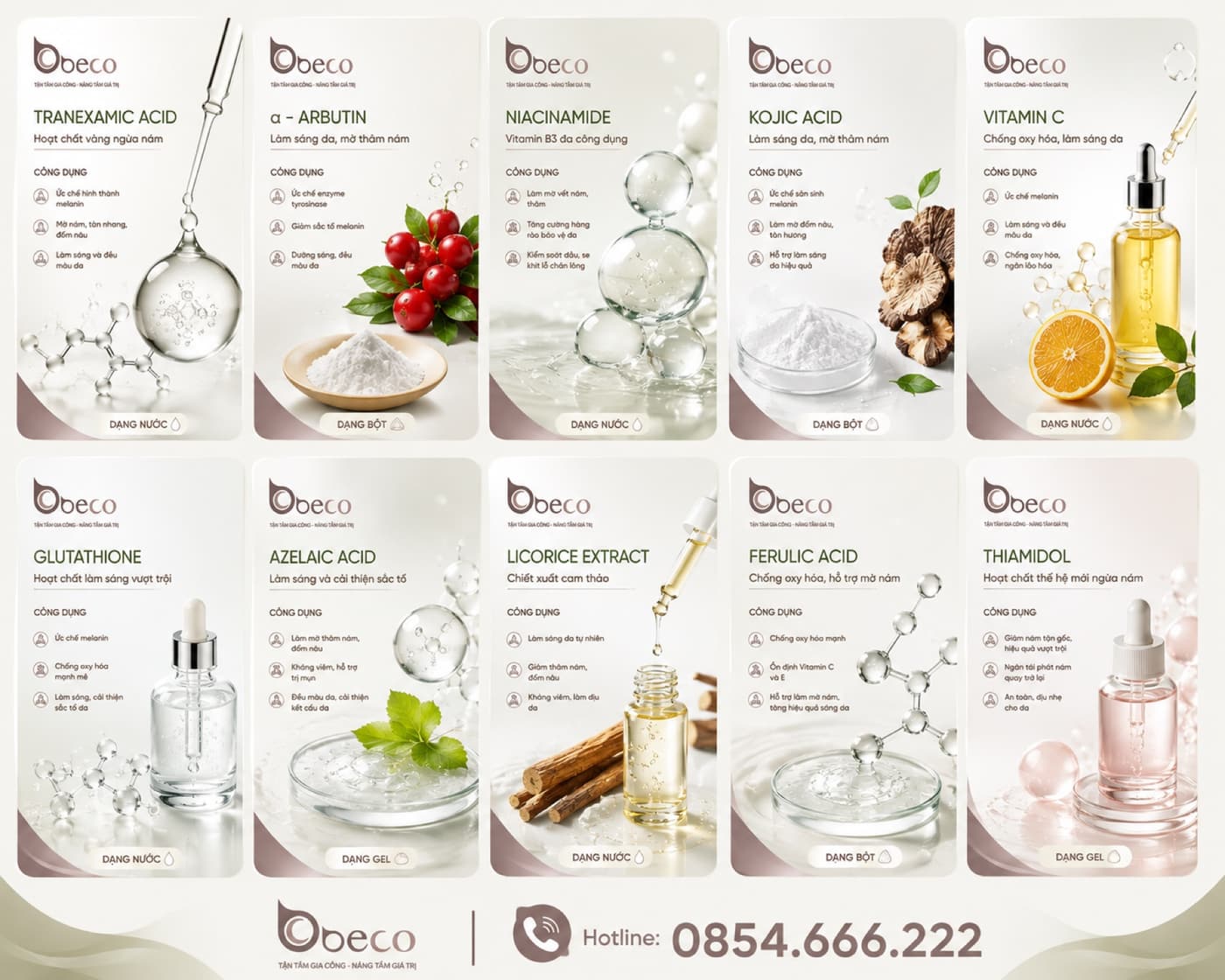Bảng đối chiếu mười hoạt chất hỗ trợ làm sáng da trong danh mục nguyên liệu của BECO