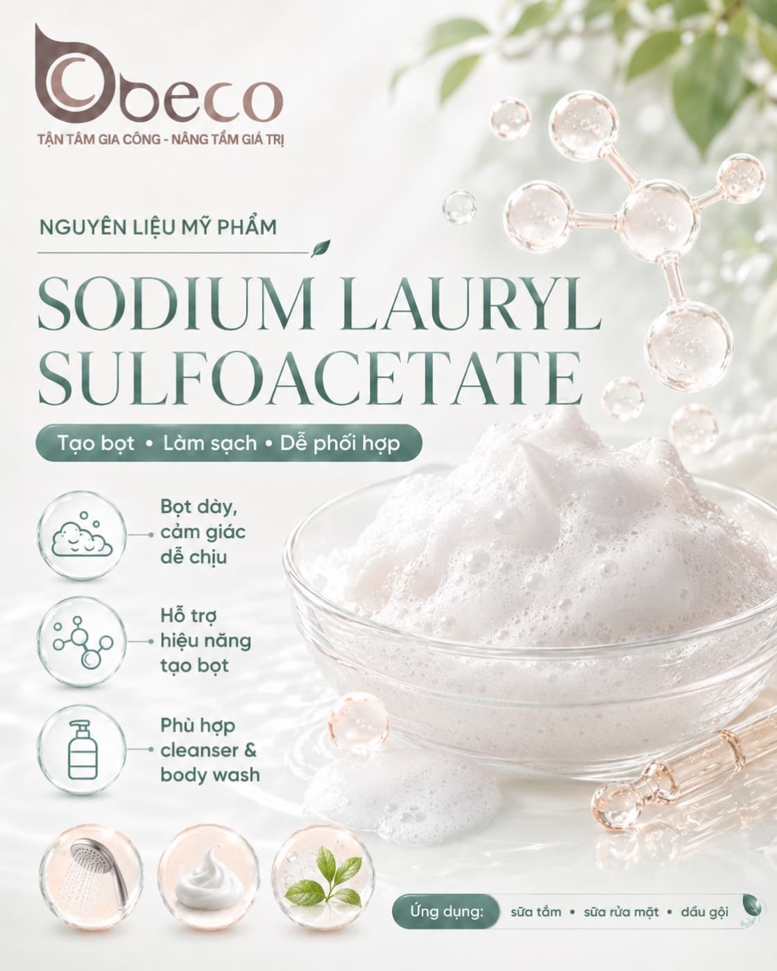 Nguyên liệu Sodium Lauryl Sulfoacetate trong danh mục nguyên liệu của BECO