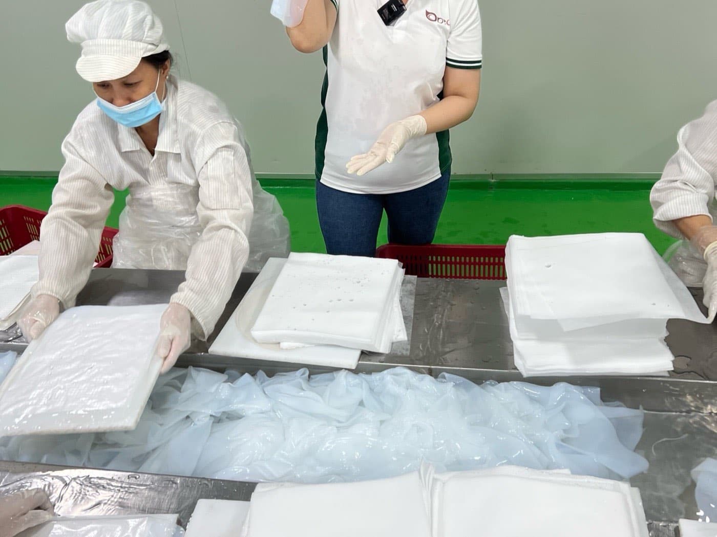 Nhân sự BECO kiểm tra và xếp miếng màng biocellulose tại nhà máy