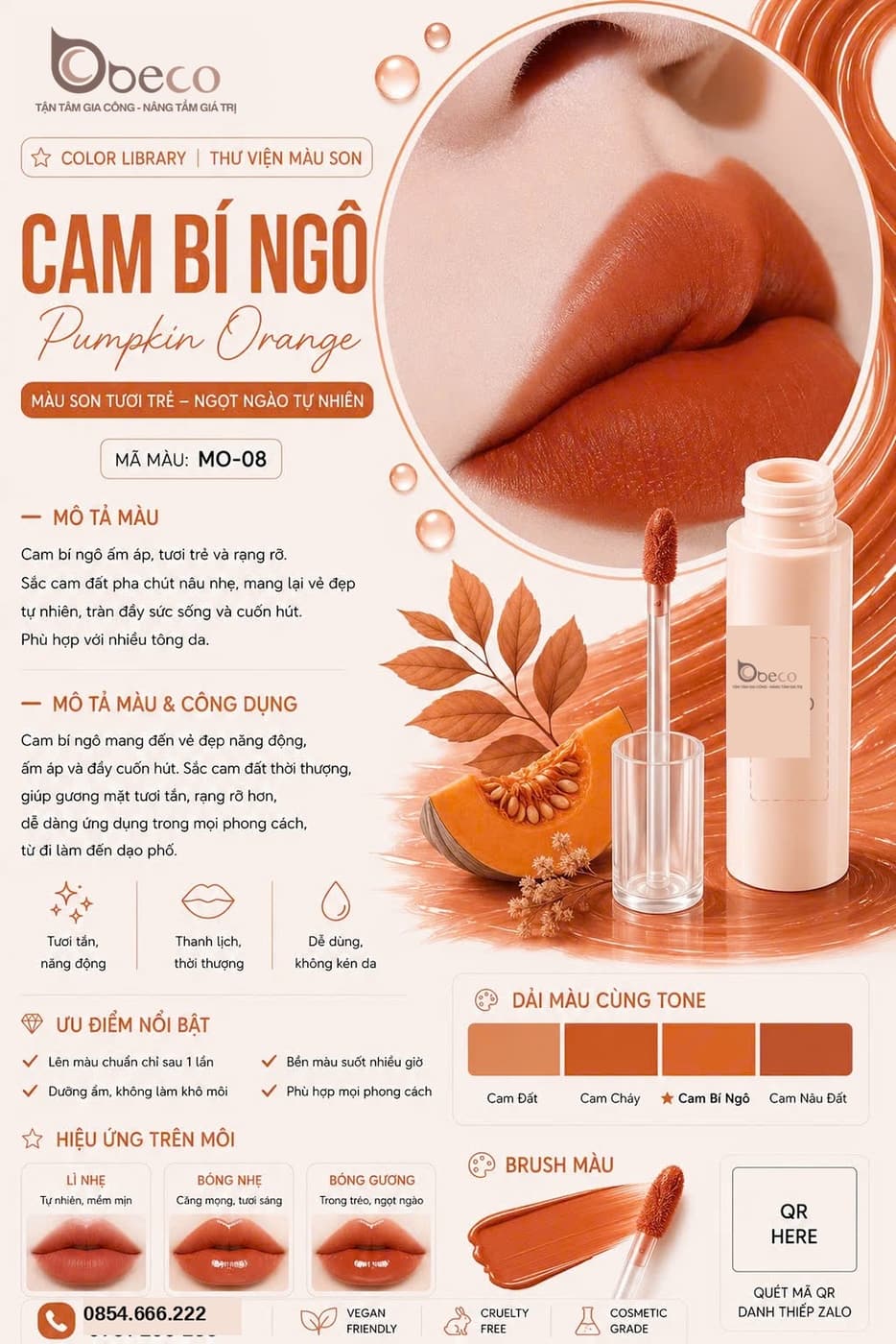 Thẻ màu son MO-08 Cam bí ngô (Pumpkin Orange) do BECO gia công