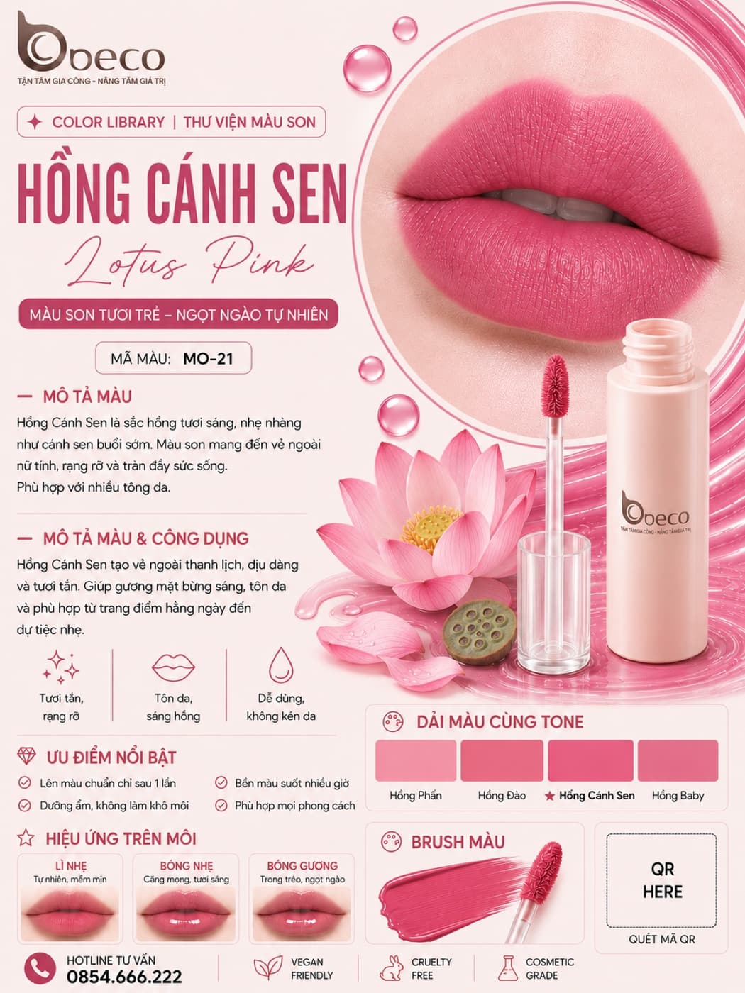 Thẻ màu son MO-21 Hồng cánh sen của BECO