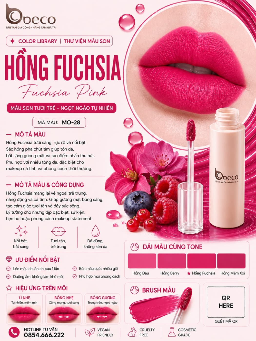 Thẻ màu son MO-28 Hồng fuchsia (Fuchsia Pink) do BECO gia công