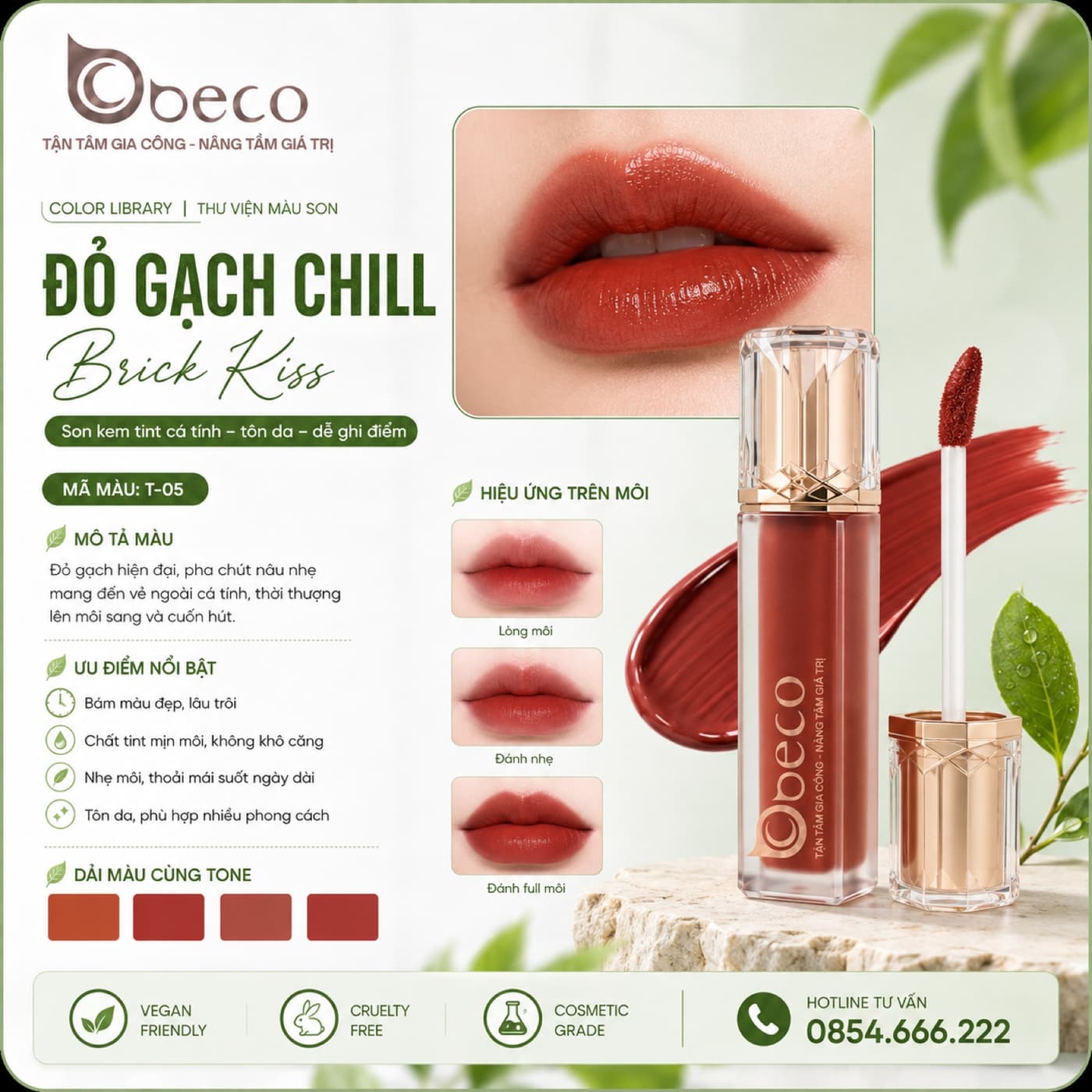 Thẻ màu son T-05 Đỏ gạch chill (Brick Kiss) do BECO gia công