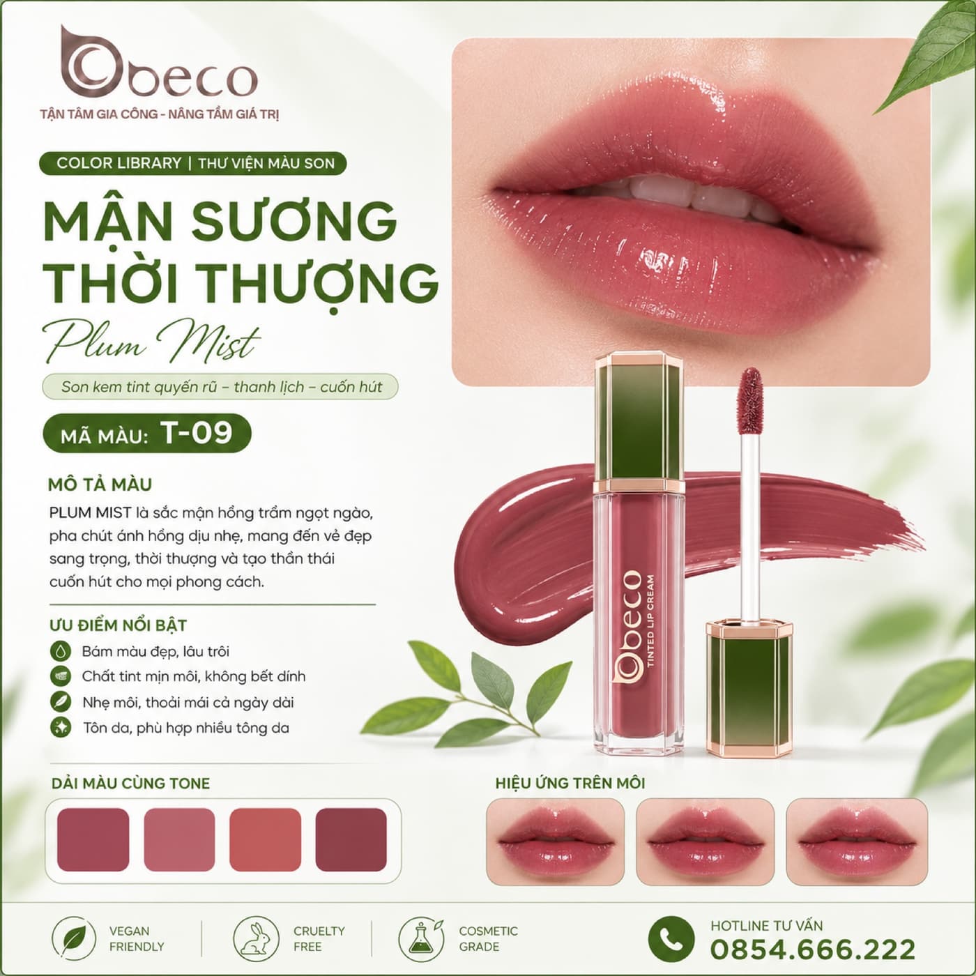 Thẻ màu son T-09 Mận sương thời thượng (Plum Mist) do BECO gia công