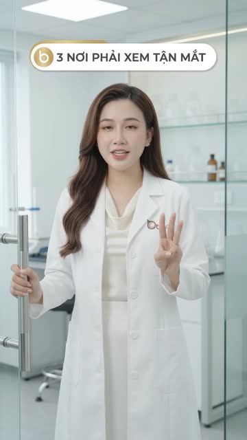 Chuyên viên BECO mặc áo blouse trắng đứng ở cửa kính phòng lab, giơ ba ngón tay, trên hình có dòng chữ "3 nơi phải xem tận mắt"