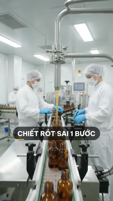 Vòi chiết rót serum màu vàng nhạt vào hàng chai thủy tinh hổ phách trên băng chuyền, hai bên là nhân viên đội mũ trùm, đeo khẩu trang và găng tay xanh