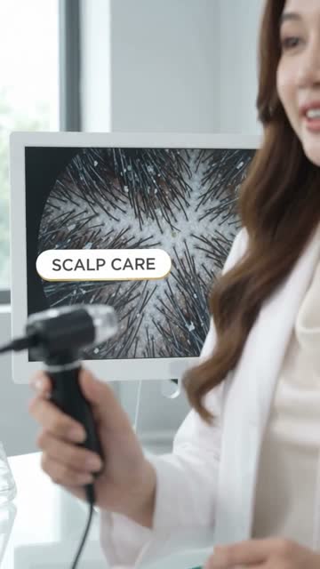 Màn hình hiển thị ảnh soi cận da đầu với chân tóc, nhãn "Scalp care"; bên cạnh, chị Hương mặc áo blouse trắng cầm thiết bị soi da đầu cầm tay