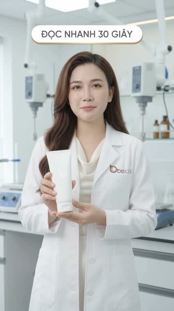 Chuyên viên BECO mặc áo blouse trắng cầm tuýp kem trắng trong phòng lab, trên hình có dòng chữ "Đọc nhanh 30 giây"