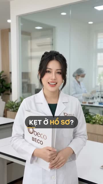 Chuyên viên BECO ôm bìa hồ sơ in logo BECO trong văn phòng, phía sau vách kính là nhân viên phòng thí nghiệm đang làm việc