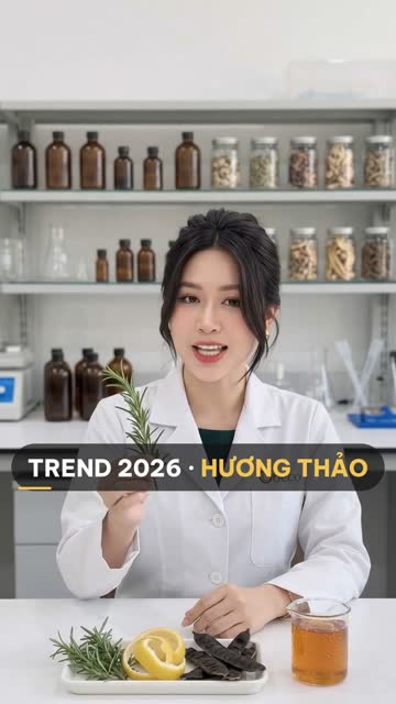 Chuyên viên BECO cầm nhành hương thảo trong phòng nghiên cứu, trên bàn là khay hương thảo, vỏ bưởi, quả bồ kết và cốc dịch chiết màu hổ phách, phía sau là kệ chai lọ dược liệu