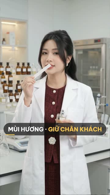 Chuyên viên BECO ngửi que thử mùi, tay cầm chai nước hoa, phía sau là kệ chai tinh dầu màu hổ phách trong phòng lab