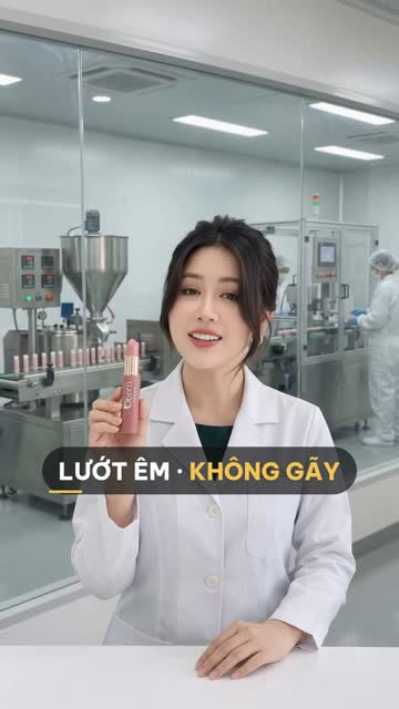 Chuyên viên BECO cầm thỏi son dưỡng màu hồng, phía sau vách kính là máy rót son có phễu inox, hàng ống son trên băng chuyền và công nhân ở máy đóng nắp