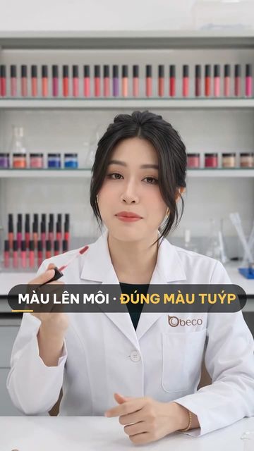 Chuyên viên BECO cầm cây son kem trong khu nghiên cứu son, phía sau là kệ mẫu màu
