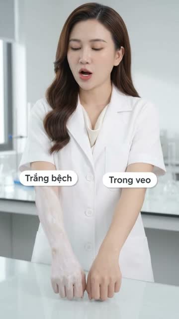 Chị Hương mặc áo blouse ngắn tay đứng trong phòng lab, đưa hai cánh tay ra so sánh: tay trái thoa kem nhãn "Trắng bệch", tay phải nhãn "Trong veo"