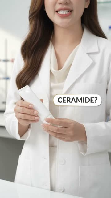 Chị Hương mặc áo blouse trắng cầm tuýp kem màu trắng trong phòng lab, nhãn chữ "Ceramide?" bên cạnh