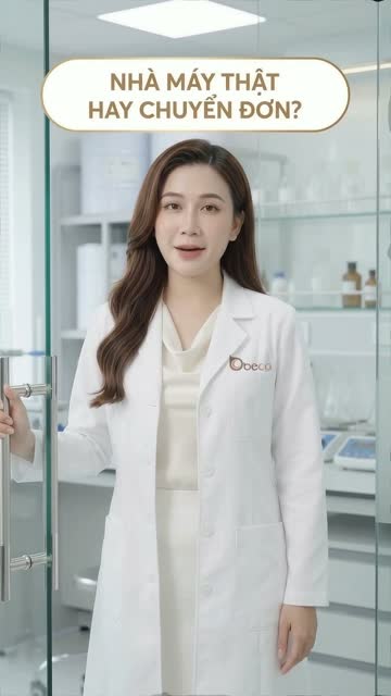 Chuyên viên BECO mặc áo blouse trắng đứng mở cửa kính phòng lab, trên hình có dòng chữ "Nhà máy thật hay chuyển đơn?"