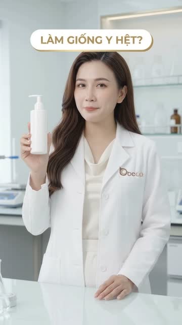 Chuyên viên BECO mặc áo blouse trắng cầm chai trắng có vòi nhấn trong phòng lab, trên hình có dòng chữ "Làm giống y hệt?"