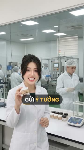 Chuyên viên BECO cầm hũ kem mẫu ghi chữ Sample, trên bàn lab có cân phân tích và hàng hũ mẫu, phía sau vách kính là xưởng với nhân viên đội mũ trùm