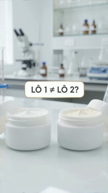 Hai hũ kem trắng mở nắp đặt cạnh nhau trên bàn lab để so sánh, trên hình có dòng chữ "Lô 1 ≠ Lô 2?"