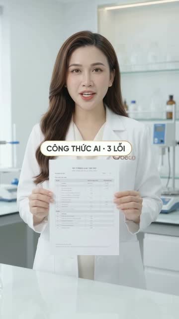 Chuyên viên BECO mặc áo blouse trắng cầm tờ công thức trong phòng lab, trên hình có dòng chữ "Công thức AI · 3 lỗi"