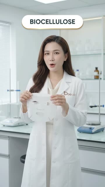 Chuyên viên BECO mặc áo blouse trắng cầm miếng mặt nạ biocellulose trắng mở rộng trước người, trên hình có dòng chữ "Biocellulose"