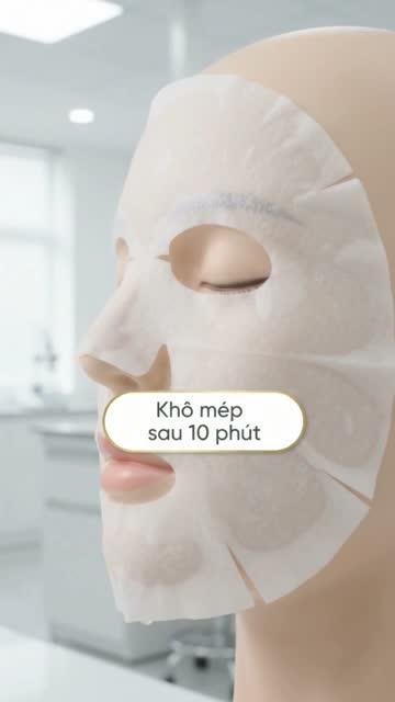 Cận cảnh mặt nộm trong phòng lab đắp miếng mặt nạ giấy màu trắng, mép miếng đắp bong ra, nhãn chữ "Khô mép sau 10 phút"