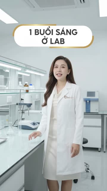 Chuyên viên BECO mặc áo blouse trắng đứng giữa phòng lab có tủ thao tác và bàn thí nghiệm, trên hình có dòng chữ "1 buổi sáng ở lab"