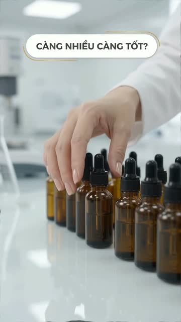 Bàn tay xếp hàng chai thuỷ tinh nâu có ống nhỏ giọt trên bàn lab, trên hình có dòng chữ "Càng nhiều càng tốt?"