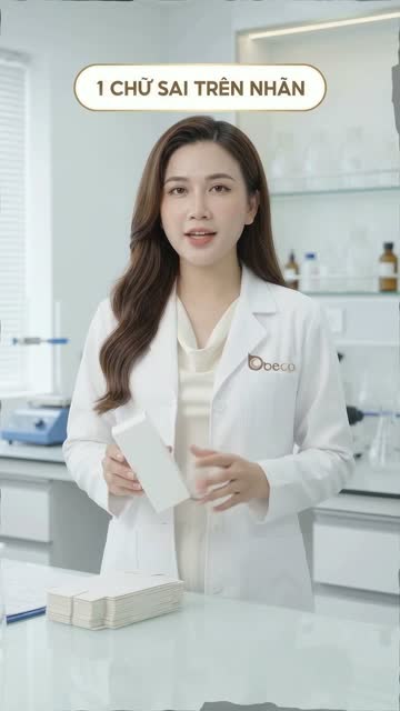 Chuyên viên BECO mặc áo blouse trắng cầm hộp giấy trắng, trên bàn lab có xấp vỏ hộp, trên hình có dòng chữ "1 chữ sai trên nhãn"