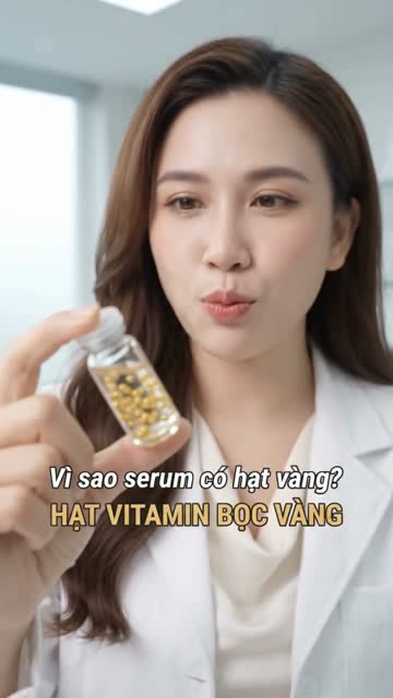 Chị Hương mặc áo blouse trắng trong phòng lab, cầm lọ serum chứa nhiều hạt vàng nhỏ, chữ trên hình: "Vì sao serum có hạt vàng? Hạt vitamin bọc vàng"