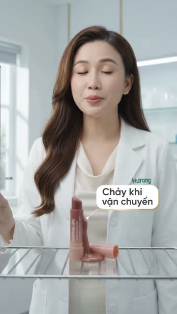 Chị Hương mặc áo blouse trắng đứng sau giá kim loại, trên giá là thỏi son màu nâu hồng bị chảy gục, nhãn chữ "Chảy khi vận chuyển"