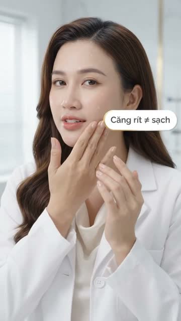 Chị Hương mặc áo blouse trắng, hai tay chạm nhẹ lên má còn đọng giọt nước, nhãn chữ trên hình: "Căng rít ≠ sạch"
