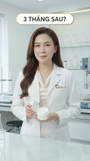 Chuyên viên BECO mặc áo blouse trắng cầm hũ kem trắng mở nắp trong phòng lab, trên hình có dòng chữ "3 tháng sau?"