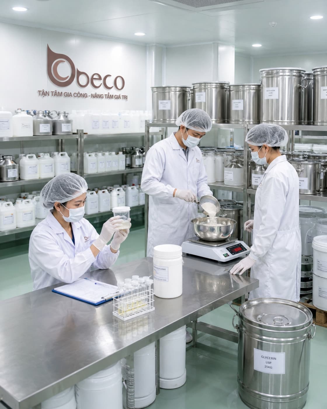 Cân từng nguyên liệu theo công thức, ghi số liệu vào hồ sơ mẻ ngay tại bàn
