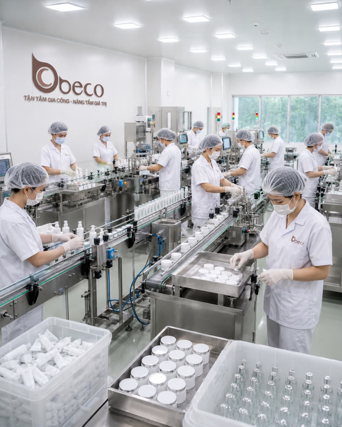 Hai dãy nhân sự đóng nắp và xếp hũ kem vào khay trên chuyền
